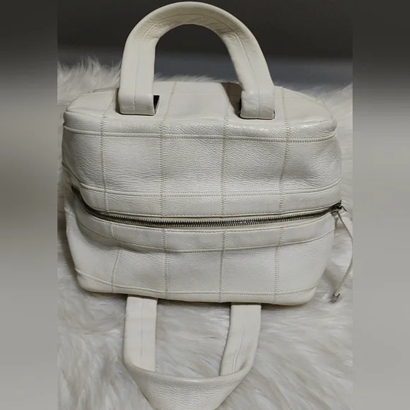 SALE! Chanel Choco Bar Coco Mark Lux Square Stitch White Boston Bowler Handbag - Picture 5 of 13